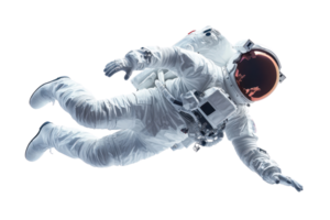 Astronaut floating in space showcasing weightlessness and exploration with a white suit, helmet, and reflective visor. png