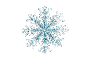 Close-up of a detailed, intricate blue snowflake with a transparent background, showcasing its unique symmetrical patterns and winter beauty. png
