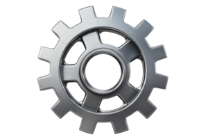 Close-up of a metal gear with a circular design, symbolizing engineering, mechanics, and industrial technology, isolated on a transparent background. png