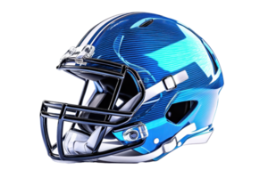 Close-up of a modern blue American football helmet isolated on a transparent background, showcasing its sleek design and protective features. png