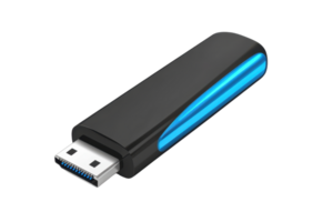 Close-up of a sleek black USB flash drive with a blue accent, isolated on a transparent background, showcasing modern technology and portable data transfer. png
