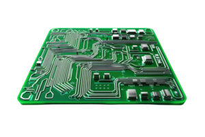 Close-up of a green electronic circuit board showcasing intricate pathways and components, representing technology and innovation. png