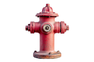 Close-up of a vintage red fire hydrant isolated against a transparent background, showcasing details and texture for utility or safety themes. png