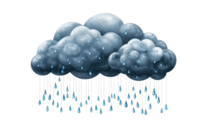 Digital illustration of a rain cloud with falling raindrops, depicting moody weather and atmospheric conditions. png