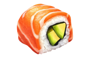 Close-up of fresh salmon sushi roll with avocado on a transparent background. showcasing vibrant colors and textures. Perfect for culinary presentations. png