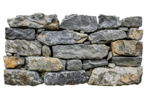 Close-up of a rustic stone wall showcasing various shades and textures, ideal for backgrounds and architectural designs. png