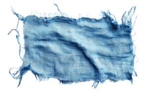 Close-up of a textured, distressed blue denim fabric swatch with frayed edges, isolated on a transparent background. showcasing fabric detail. png
