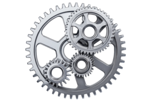 Close-up of interlocking metallic gears in a mechanical setup, symbolizing teamwork, precision, and engineering in industrial design. png