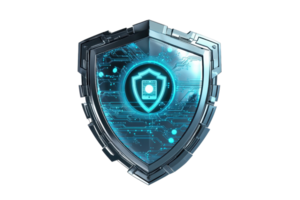Digital shield with glowing cyber elements representing cybersecurity, protection, and futuristic technology on a transparent background. png