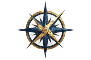 Elegant compass rose design with intricate blue and gold detailing, symbolizing guidance, direction, and exploration on a transparent background. png