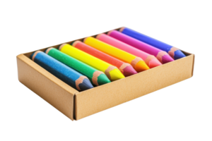 Colorful set of crayons in a cardboard box, neatly arranged in a row. Perfect for art projects, creativity, and educational activities. png