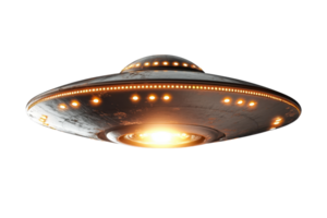 Futuristic UFO spaceship with glowing lights floating in the night sky, creating a mysterious and awe-inspiring atmosphere. png