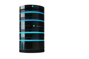 Futuristic black server with blue LED lights, isolated on transparent background, showcasing advanced technology and data storage capabilities. png