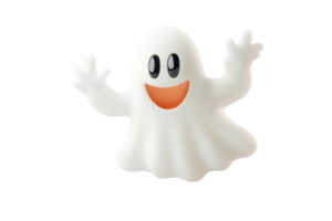Happy cartoon ghost with a smiling face, waving hands, and a playful expression, perfect for Halloween or playful design themes. png