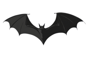 Illustration of a dark bat flying with outstretched wings on a transparent background. showcasing its detailed features and silhouette form. png