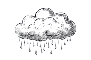 Illustration of a dark rain cloud with raindrops. Hand-drawn sketched style, representing weather, storm, and rain. png