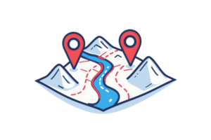 Illustration of a topographic map with mountains and GPS location markers, symbolizing navigation and exploration. png