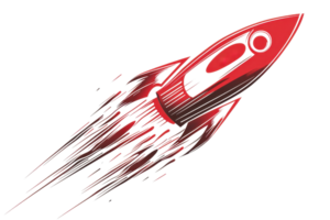 Illustration of a red rocket soaring through space with flames trailing behind, symbolizing speed, innovation, and futuristic technology. png