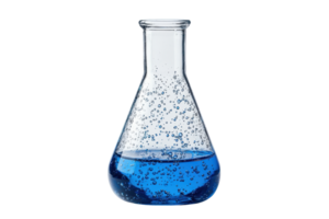 Laboratory flask with blue liquid and bubbles isolated on transparent background, ideal for science, chemistry, and research-themed projects. png