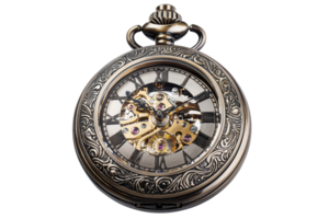 Elegant vintage pocket watch with intricate design and exposed gears, symbolizing the art of timekeeping and mechanical craftsmanship. png