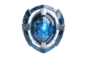 Futuristic blue digital shield design with glowing core, symbolizing cybersecurity, protection, and technology innovation. png