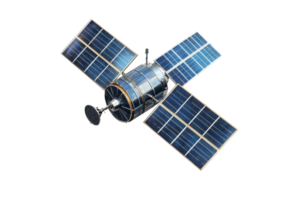 High-resolution image of a modern satellite with solar panels, orbiting space for communication and observation purposes. png
