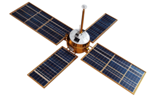 High-resolution image of a artificial satellite with solar panels, isolated on transparent background, ideal for space and technology themes. png