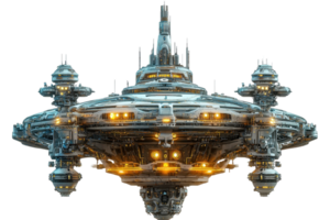 Futuristic space station with glowing lights, showcasing advanced alien technology and architecture in a sci-fi universe. png
