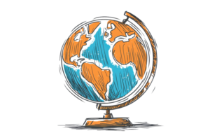 Illustrated world globe sketch with continents displayed in an artistic style, representing global exploration and educational themes, isolated. png