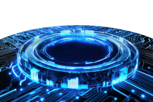 Futuristic glowing blue circle on a detailed circuit board, symbolizing advanced technology and innovation in the digital age. png