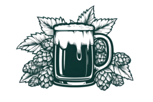 Illustration of a frothy beer mug surrounded by hop leaves and cones, showcasing craftsmanship and tradition in brewing. png