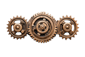 Intricate bronze gears interlocking in a mechanical arrangement, symbolizing precision engineering and industrial design. png