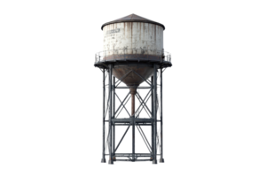 Old industrial water tower isolated on transparent background, showcasing rust and metal structure, ideal for urban and historical projects. png