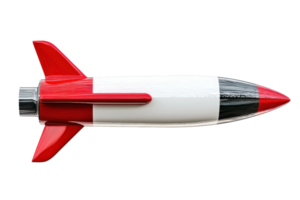 Red and white retro-style toy rocket isolated on transparent background, showcasing classic design and vibrant colors. png