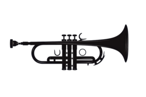 Silhouette of a trumpet against a transparent background, showcasing its classic design. Ideal for music-related projects and educational materials. png