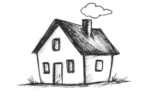 Simple black and white sketch of a house with chimney and cloud in the sky, representing home design and architecture concepts. png