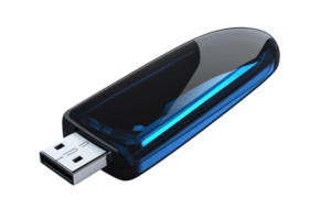 Sleek black USB flash drive with blue accent, isolated on transparent background. Ideal for data storage, portability, and technology concepts. png