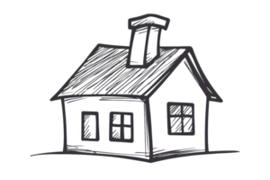 Simple hand-drawn sketch of a cozy house with a chimney and windows, emphasizing classic architectural simplicity and charm in black and white. png