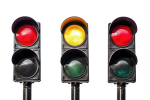 Three traffic lights with red, yellow, and green signals, isolated on a transparent background, symbolizing stop, warning, and go signals. png