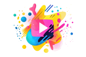 Vibrant abstract art with colorful splash patterns surrounding a central play icon, representing creativity and media innovation. png
