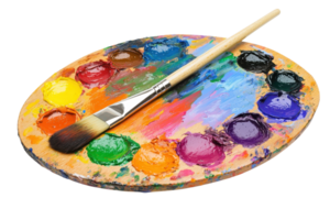 Vibrant artist's palette with various colorful paint blobs and a brush, perfect for creative projects, art class, or studio inspiration. png