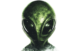 Mysterious green alien with big eyes surrounded by cosmic dust, representing extraterrestrial life in outer space. png