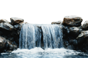 Serene waterfall flowing over rocks into a tranquil pool, capturing the essence of nature's beauty and the soothing sound of cascading water. png