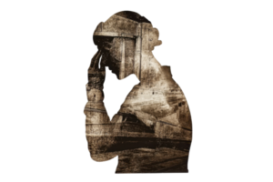 Silhouette of a person in deep thought, layered with distressed textures, conveying contemplation and introspection in a creative artwork. png