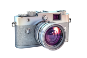 Vintage camera with a silver body and classic lens, capturing the essence of photography and timeless design in a studio setting. png