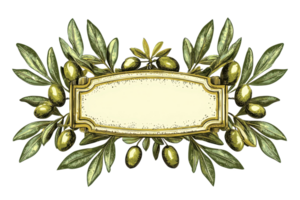 Vintage frame design with olive branches and leaves, ideal for labels, invitations, and decorative themes with a natural touch. png