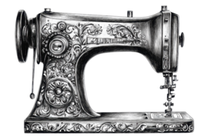 Vintage sewing machine illustration showcasing intricate details and craftsmanship, perfect for design and historical themes. png