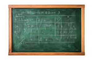 Vintage chalkboard filled with complex mathematical equations and formulas, representing education, learning, and problem-solving in academics. png
