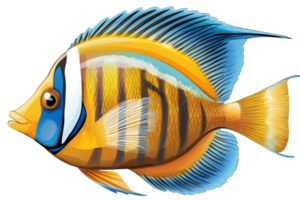 Vibrant tropical angelfish illustration with striking blue, orange, and yellow colors, showcasing intricate patterns and marine beauty. png