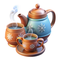 warm teapot and cups with snowflake patterns png